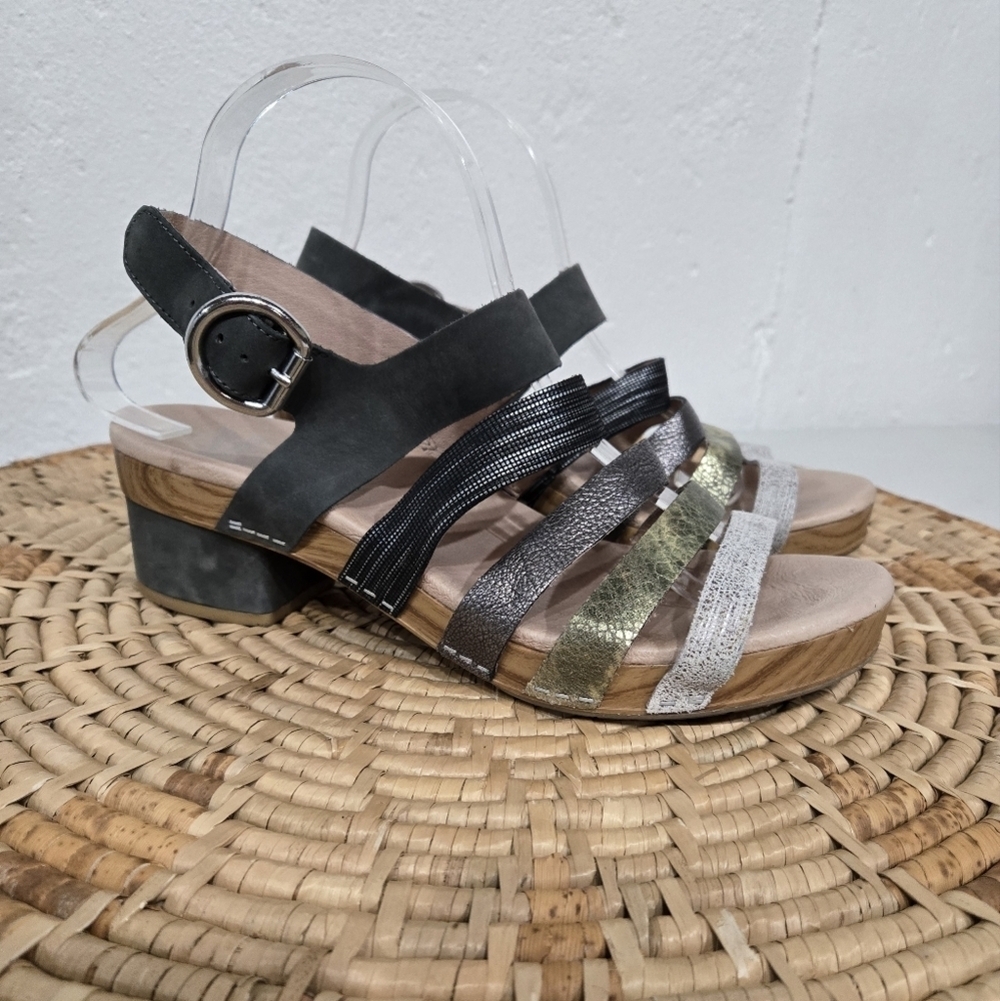 Dansko Metallic Black Silver Bronze Strappy Sandals
